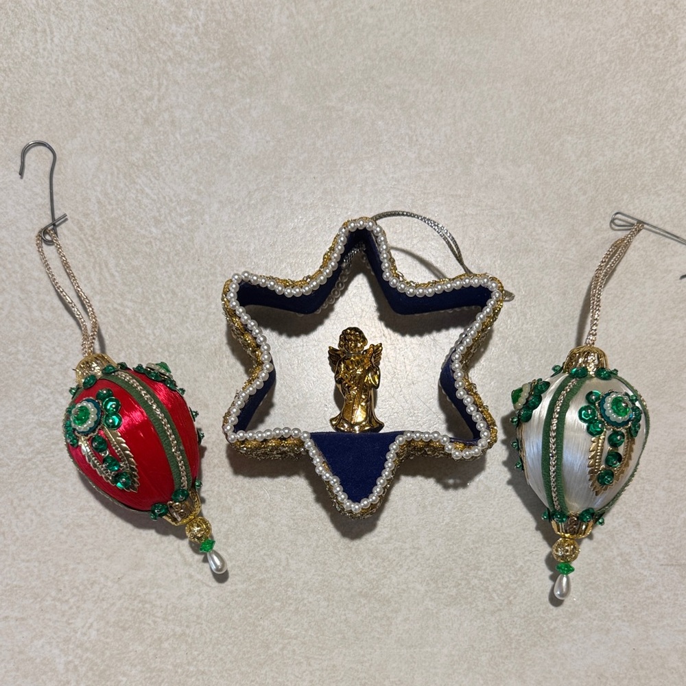 Vintage handmade Festive Ornament Set of 3 with Angel and Beaded Accents